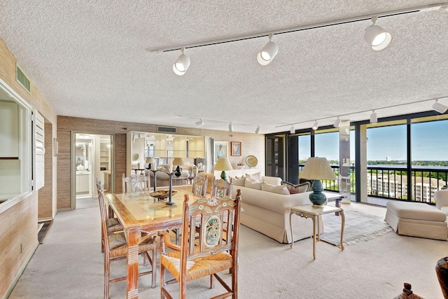 carpeted dining room with a textured ceiling and track lighting