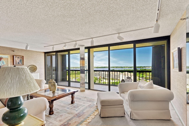 living room featuring a textured ceiling, track lighting, and expansive windows