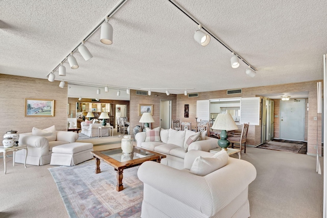 carpeted living room with a textured ceiling and rail lighting