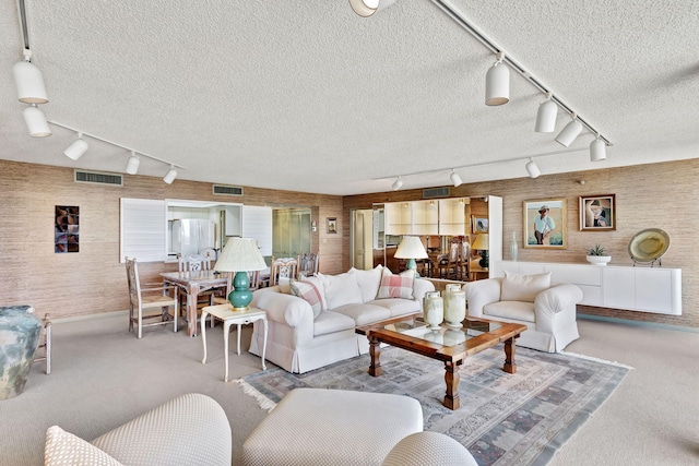 carpeted living room with a textured ceiling and rail lighting