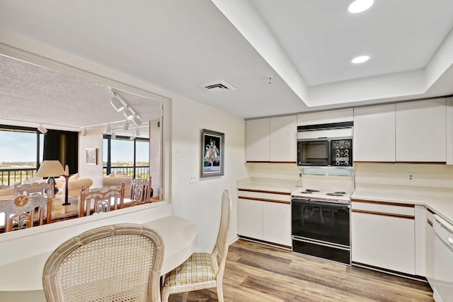 kitchen featuring a healthy amount of sunlight, electric stove, and white cabinets