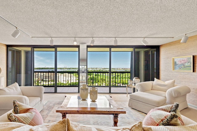 living room featuring a wall of windows, rail lighting, and a textured ceiling