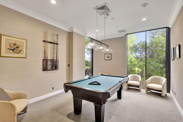 rec room featuring light carpet, pool table, ornamental molding, and expansive windows