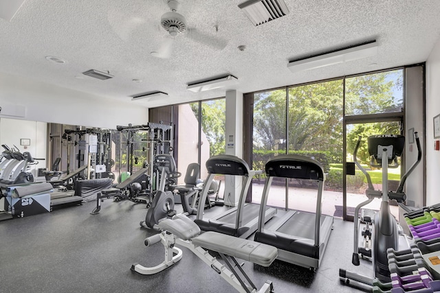 workout area with a textured ceiling, floor to ceiling windows, and a healthy amount of sunlight