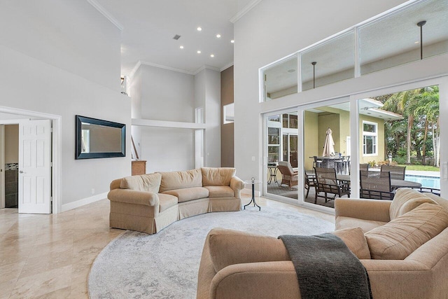 living room with a high ceiling and crown molding