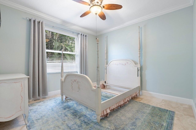 bedroom featuring ornamental molding, ceiling fan, and a textured ceiling