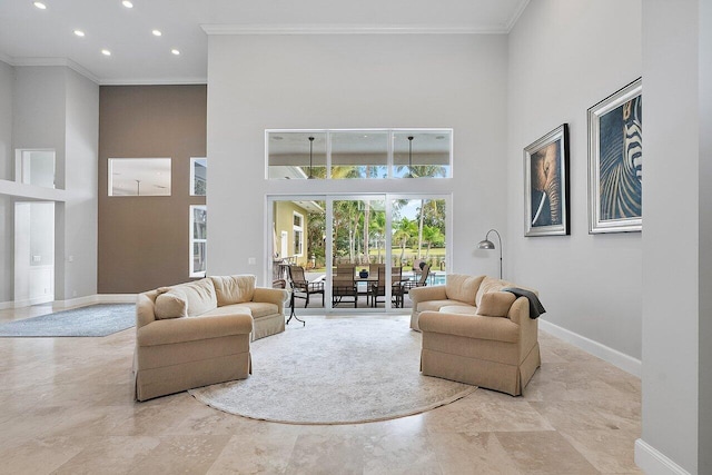 living room featuring ornamental molding and a high ceiling