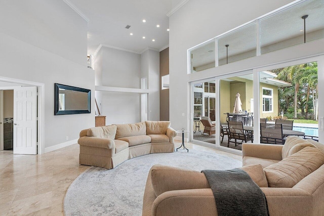 living room featuring a high ceiling and crown molding