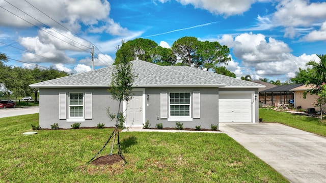 ranch-style home featuring a front yard and a garage