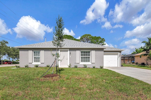 single story home with a garage and a front yard