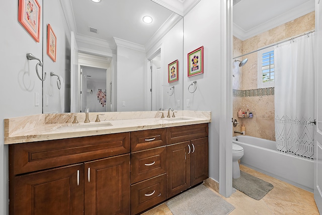 full bathroom featuring vanity, ornamental molding, shower / bath combo, and toilet