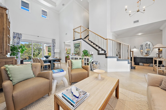 living room featuring a notable chandelier, light tile patterned floors, a high ceiling, and ornamental molding