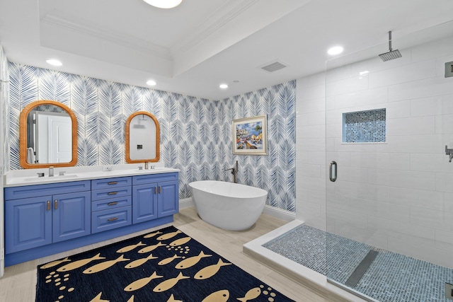 bathroom featuring vanity, separate shower and tub, a raised ceiling, and ornamental molding