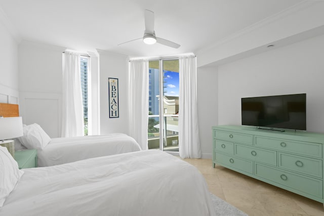 tiled bedroom featuring ornamental molding, ceiling fan, and access to outside