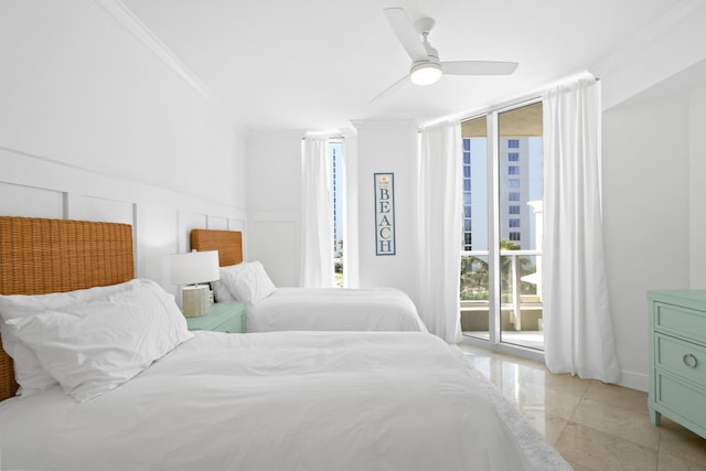 bedroom with crown molding, floor to ceiling windows, ceiling fan, and access to exterior