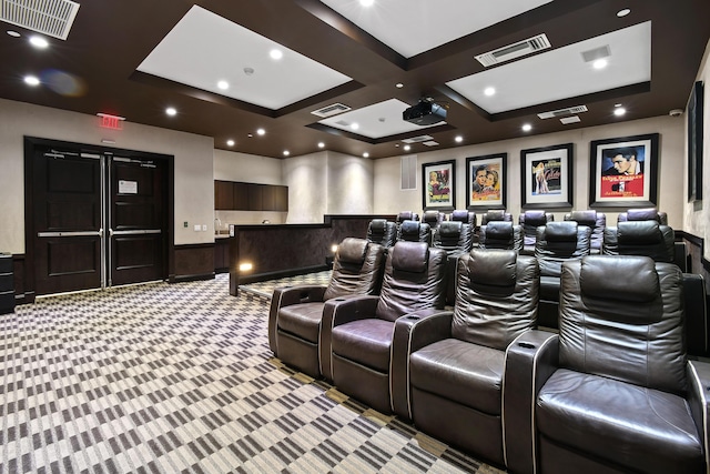 5050 N Ocean Dr Unit 402, Singer Island, FL 33404 - cinema room with light colored carpet, coffered ceiling, and recessed lighting