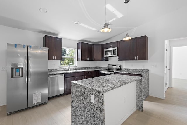 3848 NW 19th Ave, Okeechobee, FL 34972 - kitchen with stainless steel appliances, a sink, dark brown cabinetry, light wood-type flooring, and vaulted ceiling
