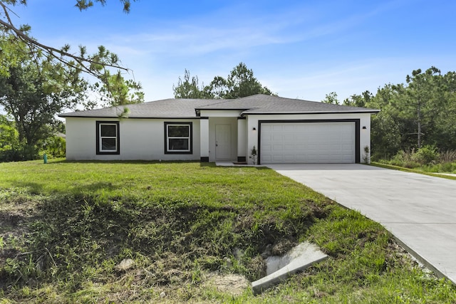 3848 NW 19th Ave, Okeechobee, FL 34972 - view of front of house featuring a garage, driveway, stucco siding, a front lawn, and a shingled roof