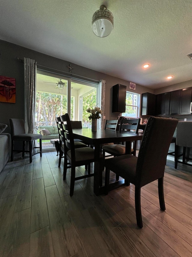 dining space featuring ceiling fan, wood-type flooring, and a textured ceiling