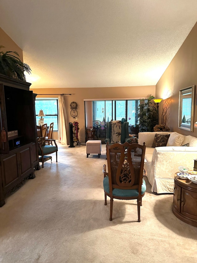 carpeted living room with lofted ceiling and a textured ceiling