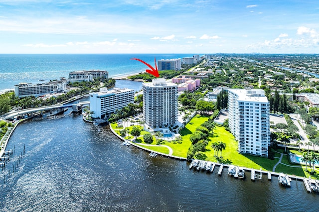 aerial view featuring a water view