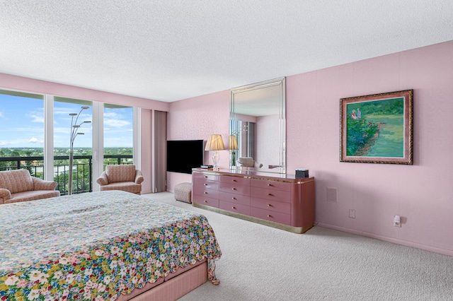 carpeted bedroom with a textured ceiling