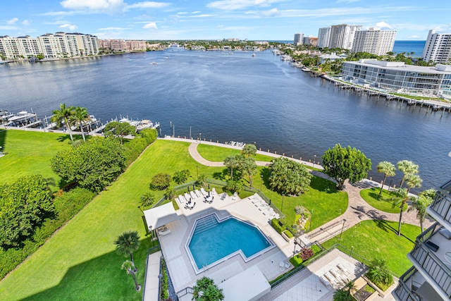 aerial view featuring a water view