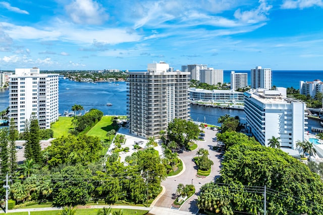 drone / aerial view with a water view