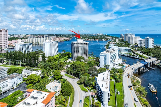 aerial view featuring a water view