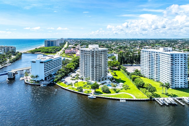 drone / aerial view featuring a water view