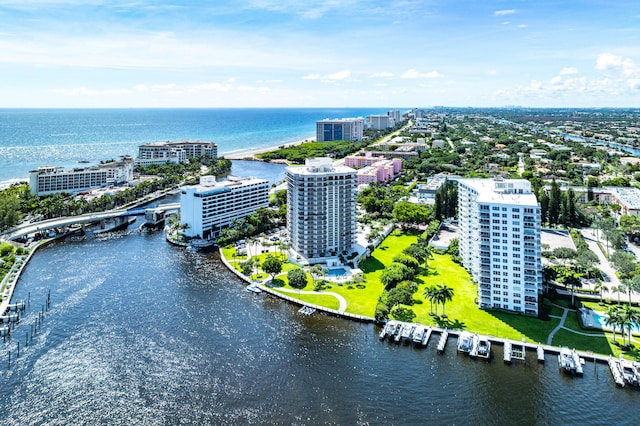 bird's eye view with a water view