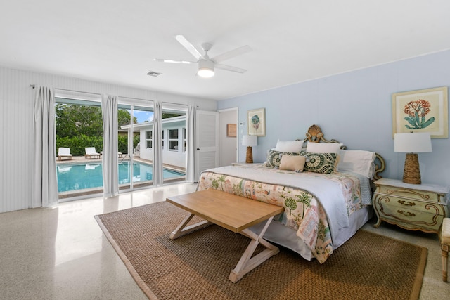 8045 W Lake Dr, Lake Clarke Shores, FL 33406 - bedroom with access to exterior, speckled floor, and ceiling fan