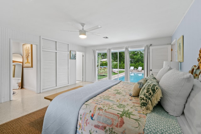 8045 W Lake Dr, Lake Clarke Shores, FL 33406 - bedroom featuring access to outside, speckle patterned floor, ceiling fan, and baseboards
