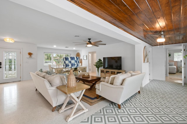 8045 W Lake Dr, Lake Clarke Shores, FL 33406 - living room with ceiling fan, wood ceiling, and recessed lighting