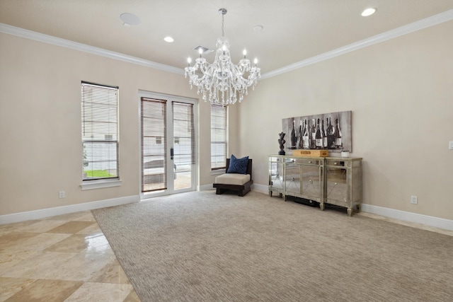 living area with ornamental molding and a chandelier