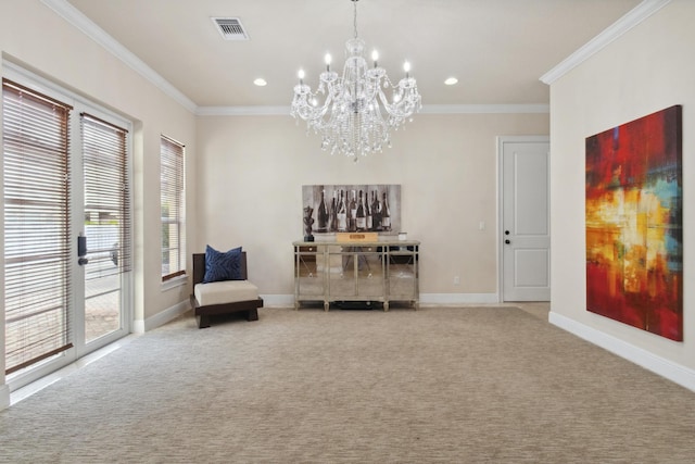 living area featuring a notable chandelier, carpet flooring, and crown molding