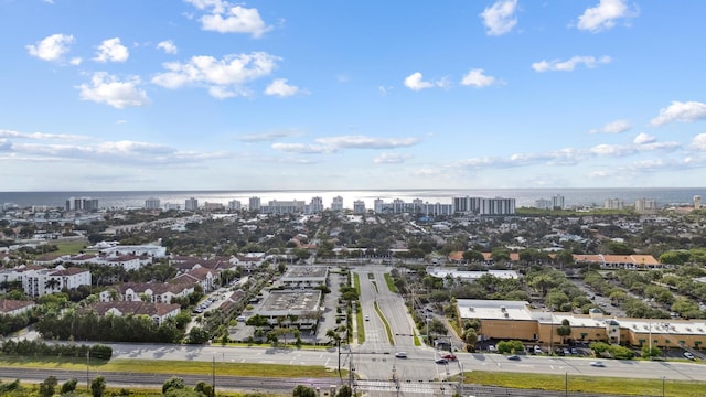 bird's eye view with a water view