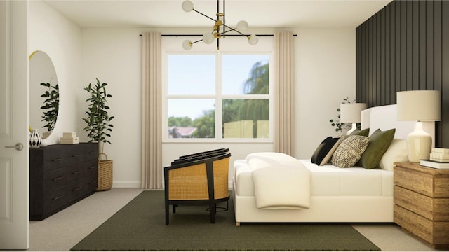 carpeted bedroom with an inviting chandelier