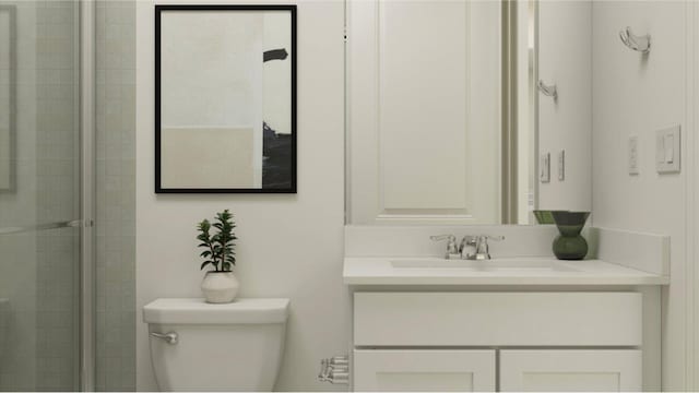 bathroom with walk in shower, vanity, and toilet