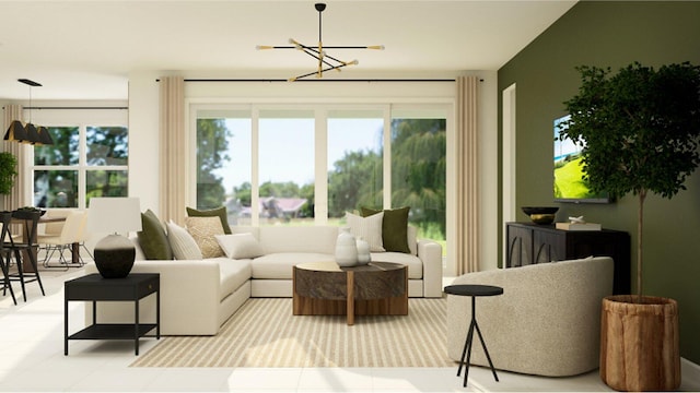 living room with a chandelier