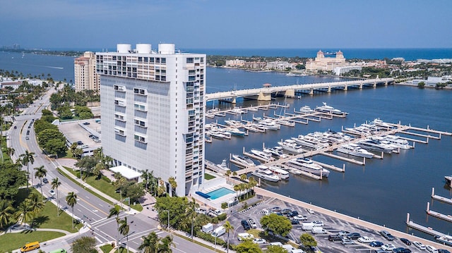 aerial view featuring a water view