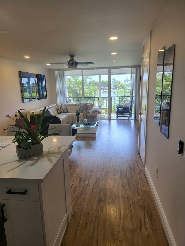 living room with dark hardwood / wood-style flooring and ceiling fan