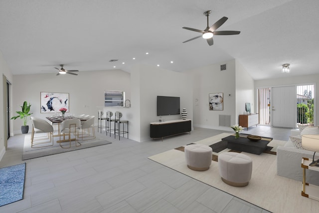5625 Aspen Ridge Cir, Delray Beach, FL 33484 - living area with ceiling fan, high vaulted ceiling, recessed lighting, and baseboards