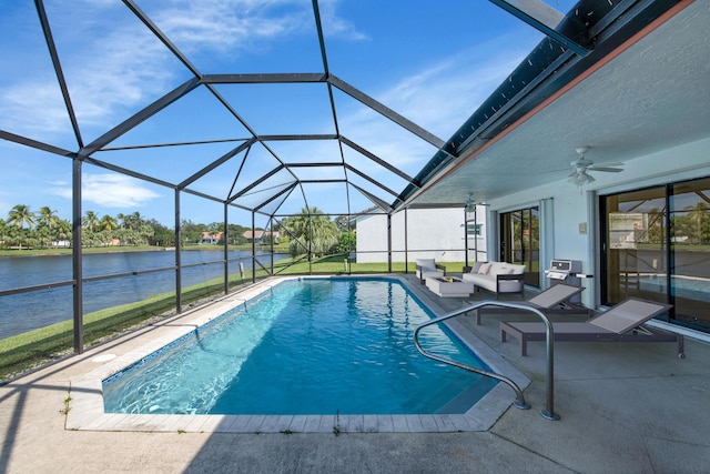 5625 Aspen Ridge Cir, Delray Beach, FL 33484 - outdoor pool featuring a water view, a patio, an outdoor living space, ceiling fan, and glass enclosure