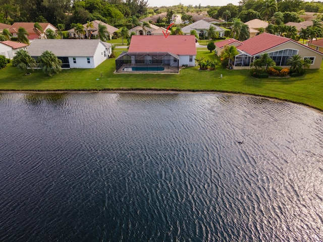 aerial view featuring a water view