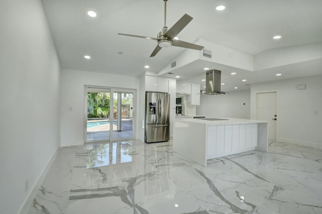 kitchen with lofted ceiling, white cabinetry, island exhaust hood, a kitchen island, and stainless steel fridge with ice dispenser