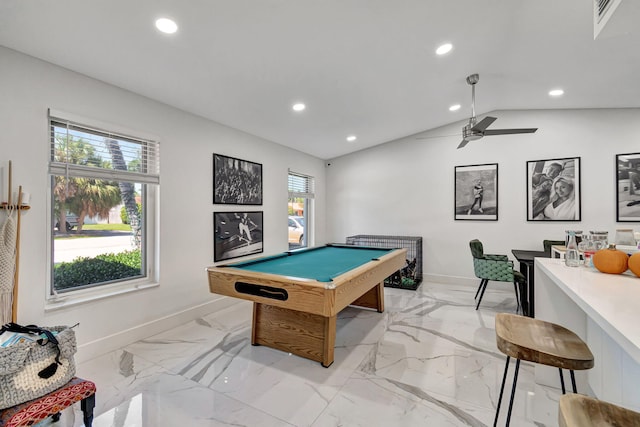 rec room featuring lofted ceiling, a healthy amount of sunlight, ceiling fan, and billiards