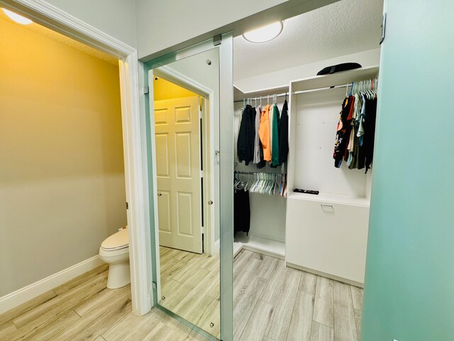 interior space with hardwood / wood-style flooring, toilet, and a textured ceiling