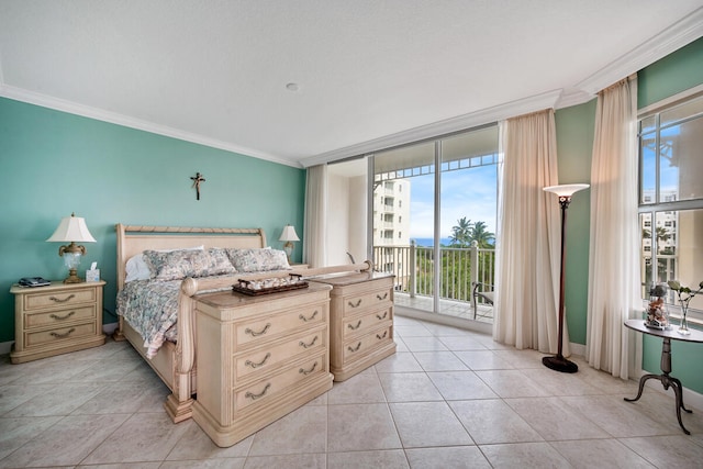 bedroom with crown molding, light tile patterned flooring, and access to exterior