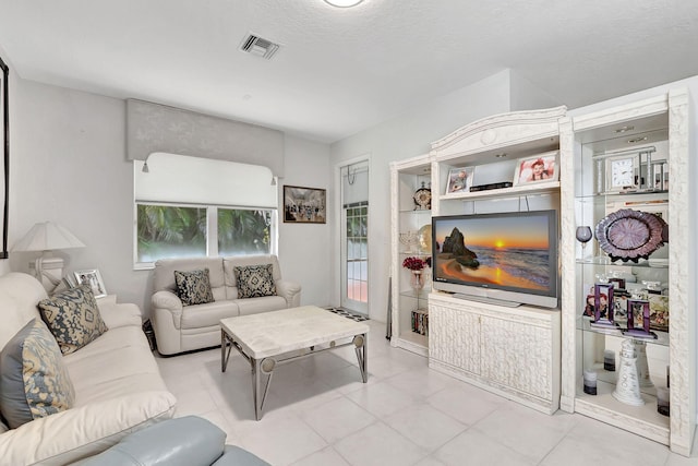 living room featuring a textured ceiling